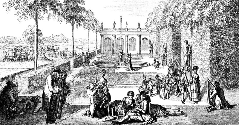 Summer pleasure in a stately garden, leisure, fun, pleasure, season summer, children playing, harp, music, bourgeoisie, lying, eating, drinking, castle, statues, fountain, landscape, Prussia, Germany, historical illustration 1882, Europe