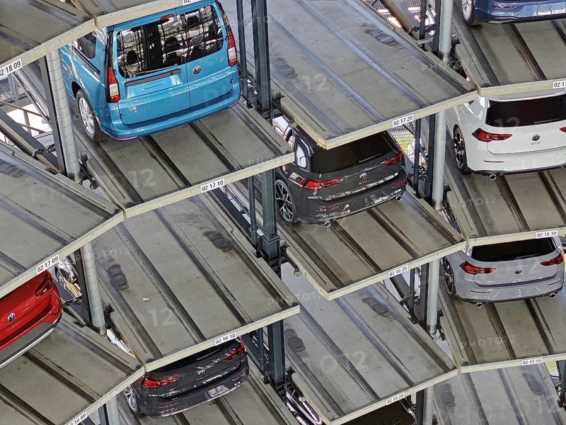 New cars for delivery in the car tower, interior view, detail, Autostadt, Volkswagen AG, Wolfsburg, Lower Saxony, Germany, Europe