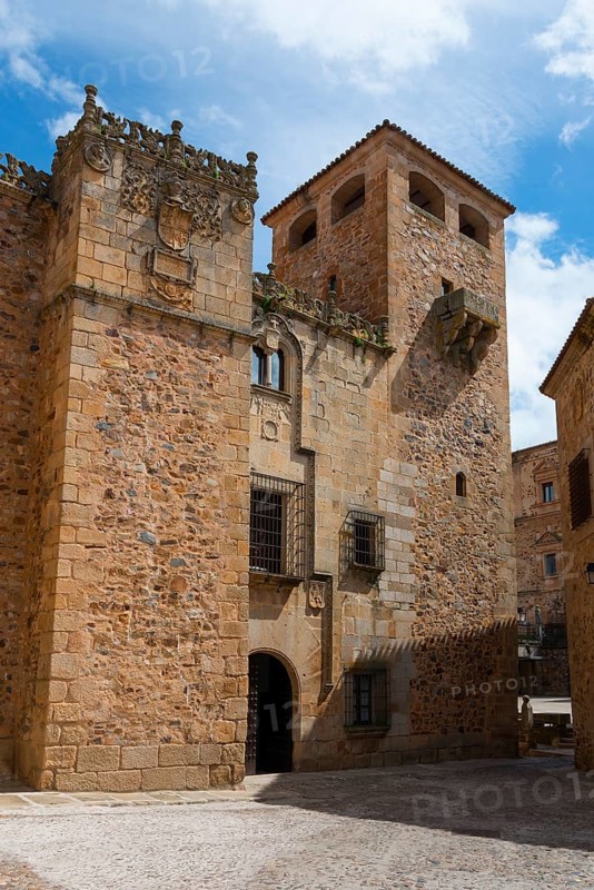 A stone building with ornately decorated towers and a Tor tor, palace, Palacio de los Golfinos de Abajo, museum of local history, old town, Cáceres, Caceres, Extremadura, Spain, Europe