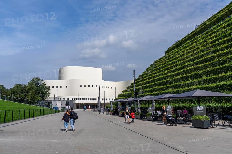 Green façade, consisting of over 30, 000 hornbeams, which form a hedge a good 8 kilometres long, on the roof and façade of the Kö-Bogen-2 building largest green façade in Europe, Düsseldorfer Schauspielhaus, Düsseldorf North Rhine-Westphalia, Germany, Europe