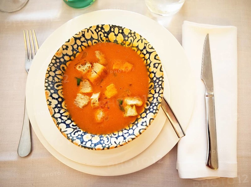 Gazpacho or gaspacho, cold soup made from uncooked vegetables, traditional dish in Castile and Leon, Spain, Europe