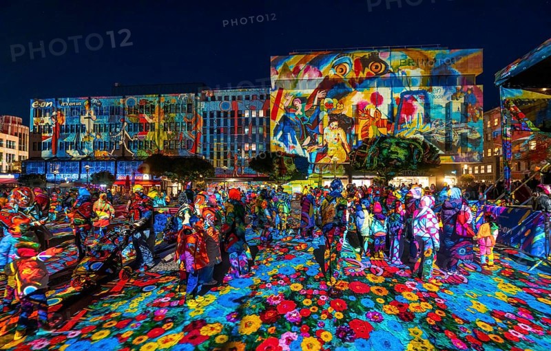 Essen Light Festival, in the city centre, light art on Kennedyplatz, the Berlin artist Daniel Margraf illuminates the large square in the city centre with works of art from the Essen Folkwang Museum, the visitors become part of the pictures that change with every step. North Rhine-Westphalia, Germany, Europe