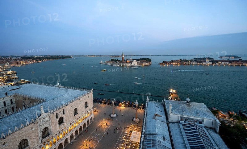 Evening atmosphere, Doge's Palace and St Mark's Square, Isola di San Giorgio Maggiore with San Giorgio Maggiore Church and Guidecca Island, view from the Campanile di San Marco bell tower, city view of Venice, Veneto, Italy, Europe