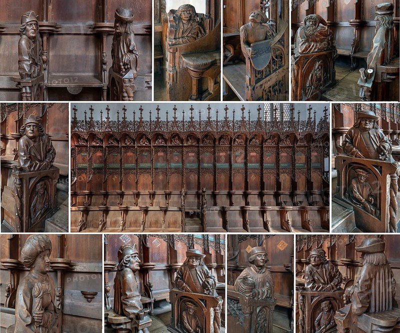 Choir stalls with carved figures, in the high Gothic Si. St Martin's Church, Memmingen, Bavaria, Germany, Europe