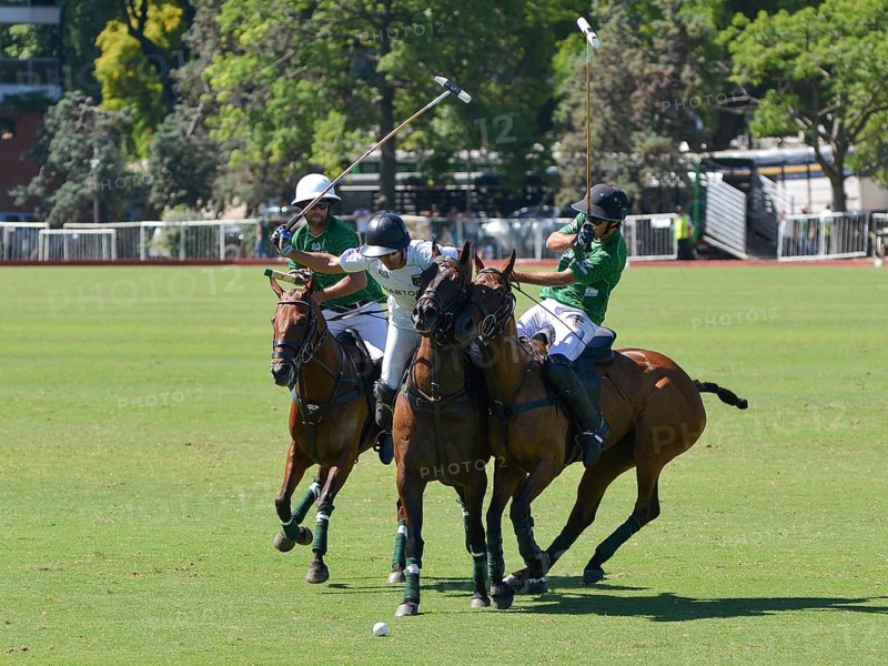 Scene from the 131st Argentine Open Polo Championship (Spanish: Campeonato Argentino Abierto de Polo), the most important international polo tournament, match La Hache Cria y Polo (green) against La Hache Polo Team (white), on 23 November 2024, Palermo, Buenos Aires, Argentina, South America