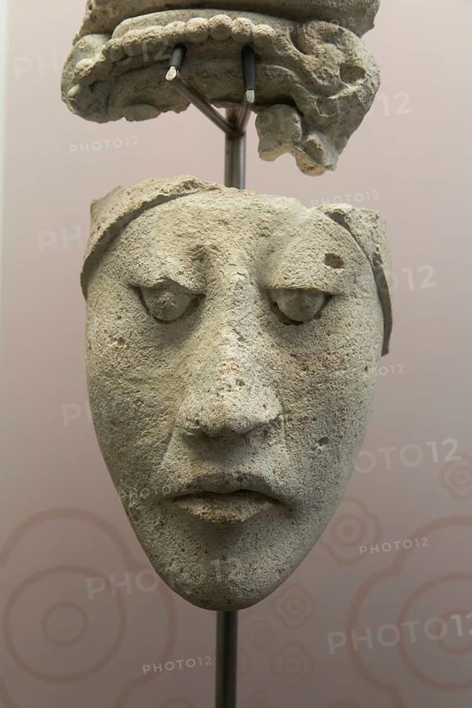 Face and headress of dignitary, from Hormiguero, Late Classic period, Mayan archaeological museum, Fort San Jose, Campeche, Mexico, Central America