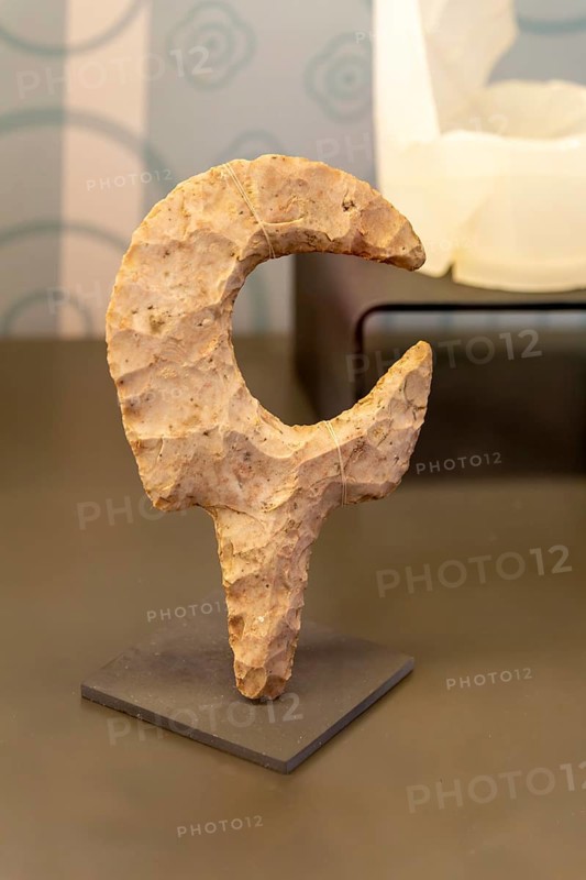 Half moon shaped carved flint object, Late Classic period, Mayan archaeological museum, Fort San Jose, Campeche, Mexico, Central America