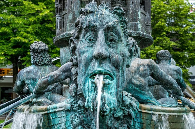 Detail of the historical column of the fountain on Josef-Görres-Platz in the historic centre of Koblenz, Rhineland-Palatinate, Germany, Europe