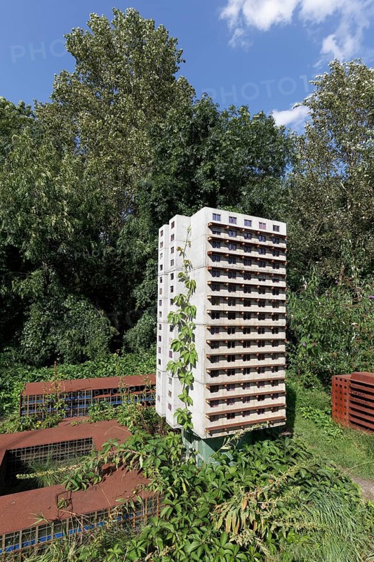 Already demolished residential tower in miniature format, art installation Neustadt by Marta Dyachenko and Julius von Bismarck on the Emscherkunstweg, Landschaftspark Duisburg-Nord, Duisburg, North Rhine-Westphalia, Germany, Europe