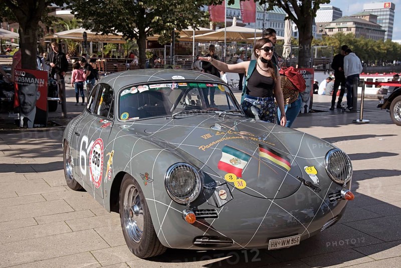 Europe Germany Hanseatic City of Hamburg City, Inner Alster Lake, Jungfernstieg landing stage, Alsterterrassen am Jungfernstieg, classic car Porsche 356, Federal Republic of Germany