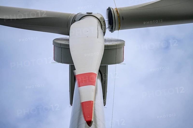 Erection of a wind turbine, wind energy plant, assembly of the third blade, with a crawler lattice crane, wind farm near Hagen, North Rhine-Westphalia, Germany, Europe