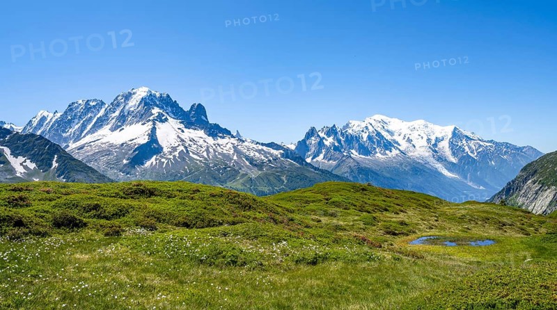 Mountain panorama with glaciated mountain peaks, Aiguille Verte with Aiguille du Midi and Mont Blanc, hike to Aiguillette des Posettes, Chamonix, Haute-Savoie, France, Europe