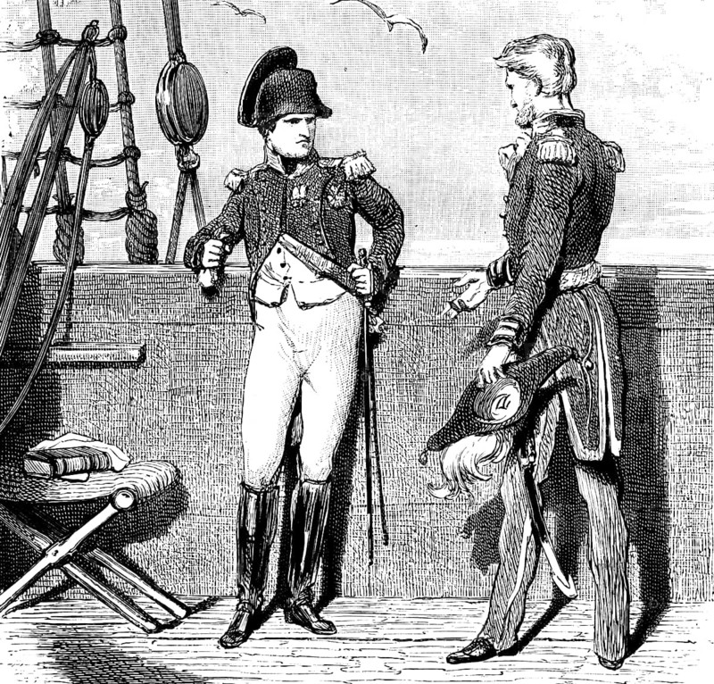 The end of the Hundred Days on Elba 1815, Napoleon's return to France, exile, sailing ship, deck, uniform, officer, conversation, Prussia, historical illustration 1882