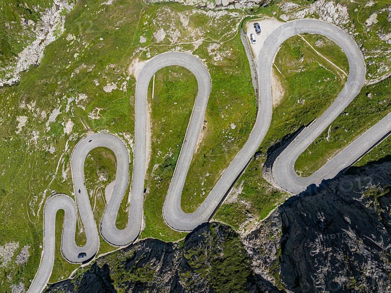 La Tremola, world-famous serpentine road through the Val Tremolo, road construction monument, Alpine pass with 24 hairpin bends. Old Gotthard Pass. Drone photo. Airolo, Canton Ticino, Switzerland, Europe