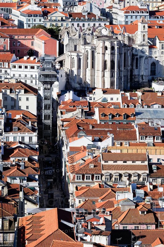 View over Lisbon, Santa Justa lift and The Church and Convent of Our Lady of Mount Carmel, Portugal, Europe
