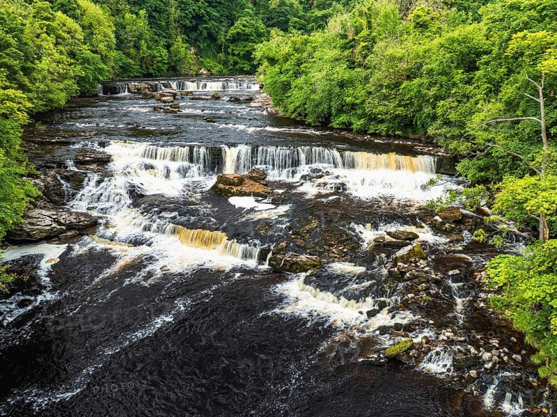 Aysgarth Falls on River Ure from a drone, Yorkshire Dales National Park, North Yorkshire, Englan