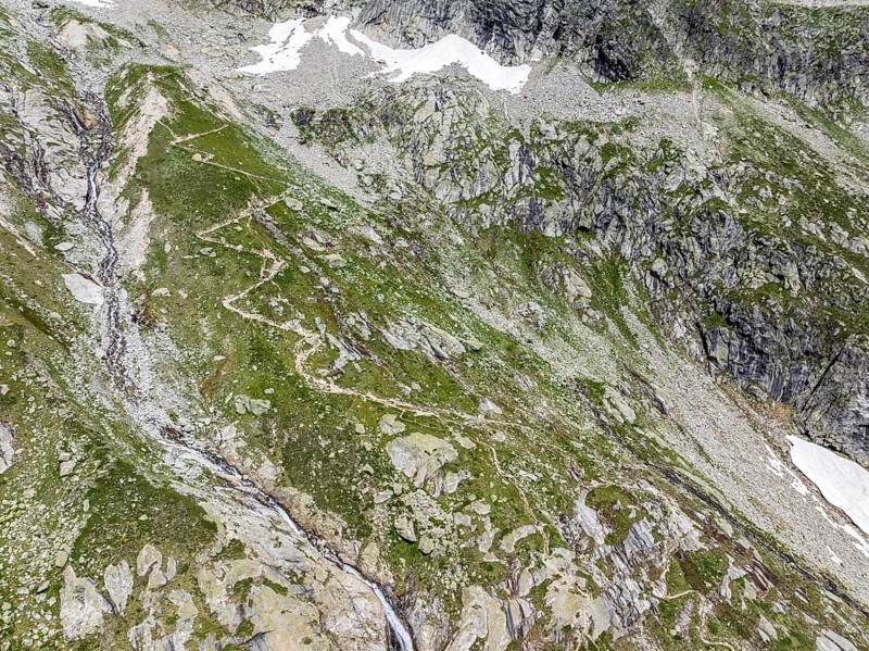Hiking path from La Fouly to Cabane de Neuve, glacial stream, aerial view, valley Val Ferret, Valais, Wallis, Switzerland, Europe