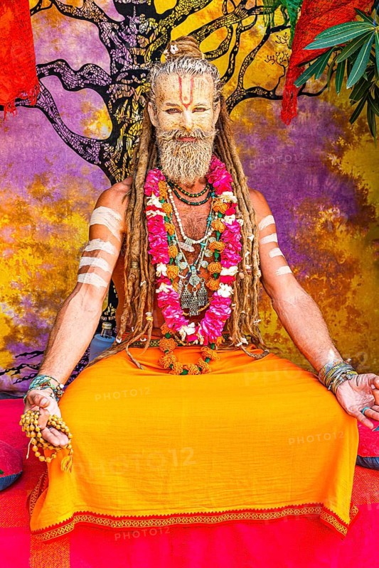 Guru performer in traditional painting and clothing at the hippie market in Es Canar, Ibiza, Balearic Islands, Mediterranean, Spain, Europe