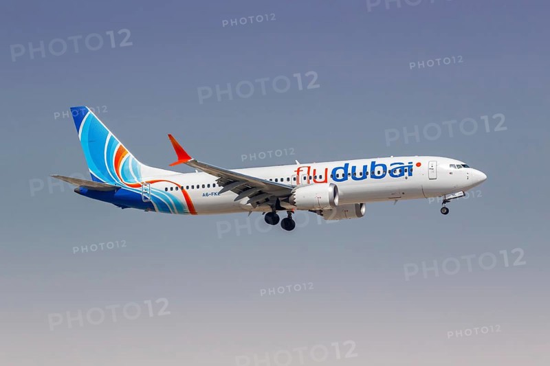 A Boeing 737 MAX 8 aircraft of FlyDubai with the registration A6-FKE at the airport in Dubai, United Arab Emirates, Asia