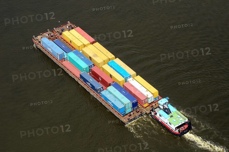 Aerial view, pushed convoy, pushed barge. barge, container, container taxi, lighter, Elbe, transport, ship, Elbe, Hamburg, Germany, Europe