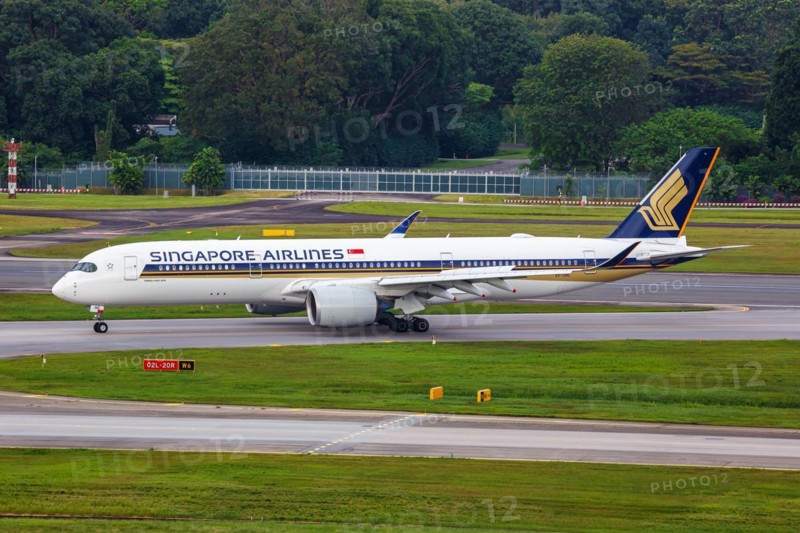 A Singapore Airlines Airbus A350-900 aircraft with the registration 9V-SHG at Changi Airport, Singapore, Asia