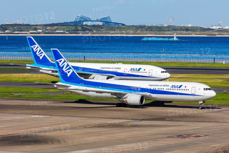 Boeing 767-300ER and 777-200ER aircraft of ANA All Nippon Airways at Tokyo Haneda Airport, Japan, Asia