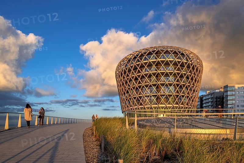 SILT venue housing casino, hotel and restaurant in seaside resort Middelkerke along the North Sea coast at sunset in winter, West Flanders, Belgium, Europe