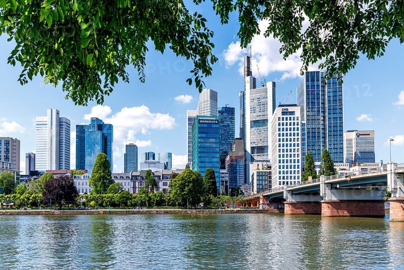 Skyline with skyscrapers in the city centre, river Main and Untermainbrücke in Frankfurt, Germany, Europe