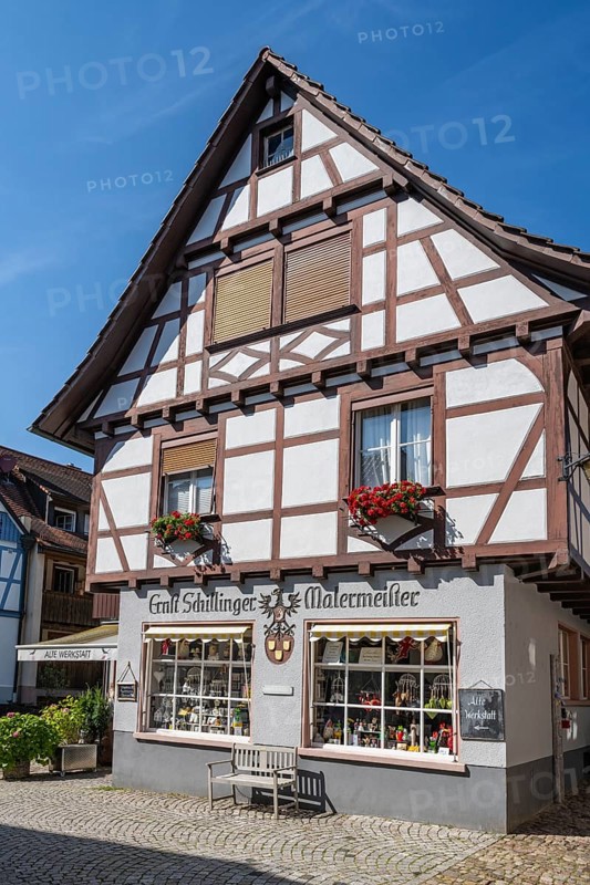 Altstadtgasse, Engelgasse with the old workshop, gift shop, historic half-timbered building and place of interest in Gengenbach, Ortenaukreis, Baden-Württemberg, Germany, Europe