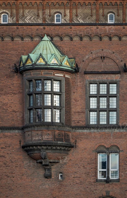Brick façade with bay window, town hall in the National Romantic style by Martin Nyrop, Town Hall Square, Rathausplatz or Rådhuspladsen, Copenhagen, Denmark, Europe