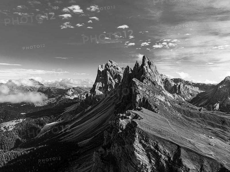 The peaks Sas Rigais and Furchetta of the Geisler group, drone image, black and white image, Val Gardena, Dolomites, Autonomous Province of Bolzano, South Tyrol, Italy, Europe