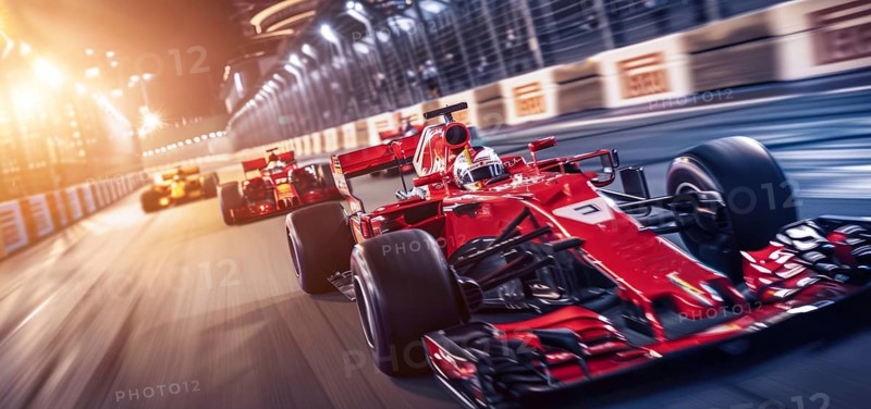 Two race cars are speeding down a track, auto racing competition, AI generated