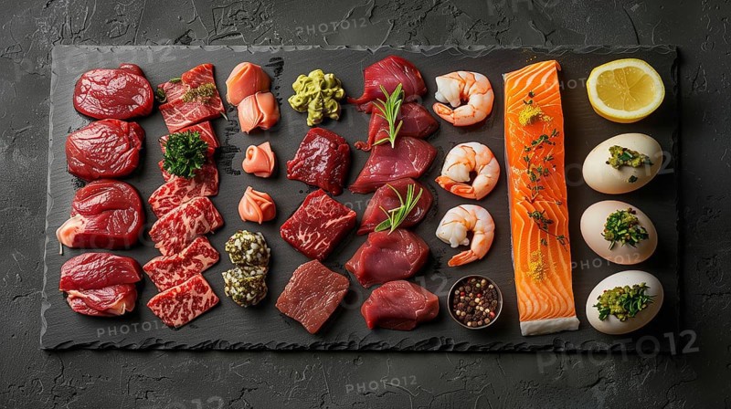All meat, fish and eggs platter overhead. generative AI, AI generated