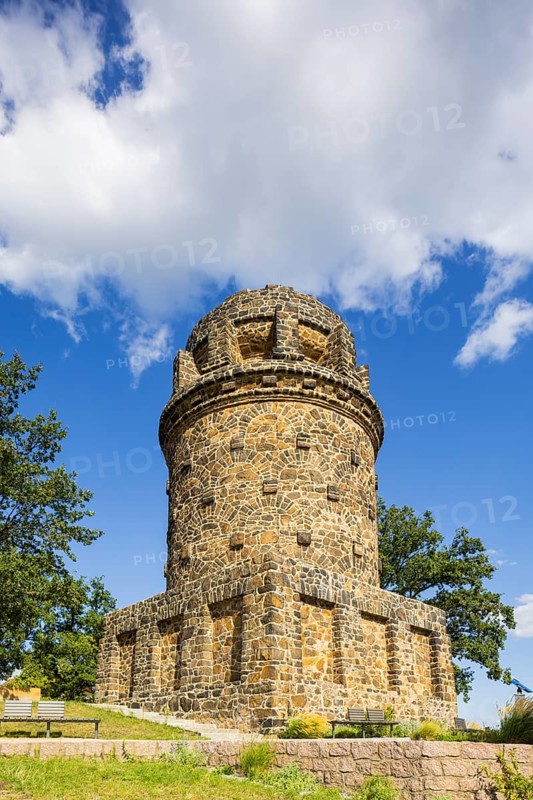 The Bismarck Tower in Radebeul, also known as the Bismarck Column, is one of around 145 Bismarck Towers still in existence in Germany in honour of Prince Otto von Bismarck (1815-1898) . The Radebeul tower was individually designed by Wilhelm Kreis, built by master builder Alfred Große from Kötzschenbroda and inaugurated on 2 September 1907. It has a height of 18 metres and can be climbed via a modern staircase, Radebeul Weinhänge, Radebeul, Saxony, Germany, Europe