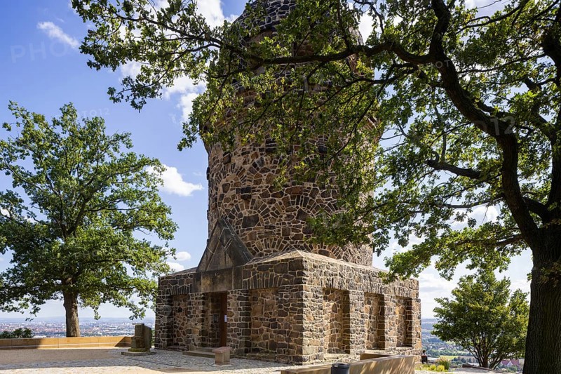 The Bismarck Tower in Radebeul, also known as the Bismarck Column, is one of around 145 Bismarck Towers still in existence in Germany in honour of Prince Otto von Bismarck (1815-1898) . The Radebeul tower was individually designed by Wilhelm Kreis, built by master builder Alfred Große from Kötzschenbroda and inaugurated on 2 September 1907. It has a height of 18 metres and can be climbed via a modern staircase, Radebeul Weinhänge, Radebeul, Saxony, Germany, Europe