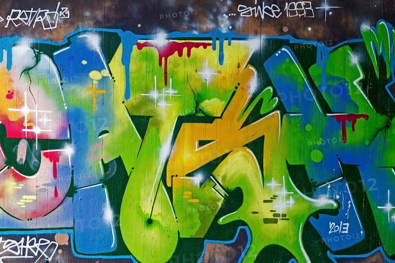 Graffiti in bright shades of green, blue and orange with colour gradient, Landau, Rhineland-Palatinate, Germany, Europe