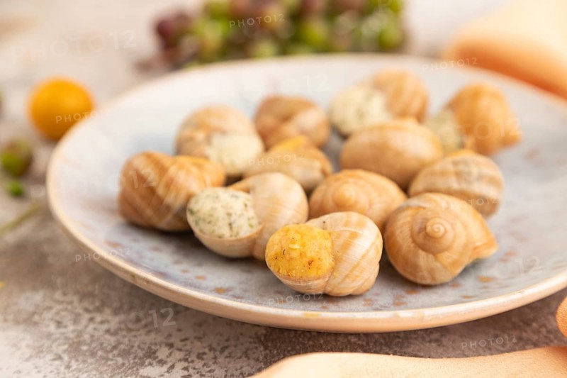 Grape (Burgundy) snails with butter and cheese on brown concrete background and orange textile. Side view, selective focus