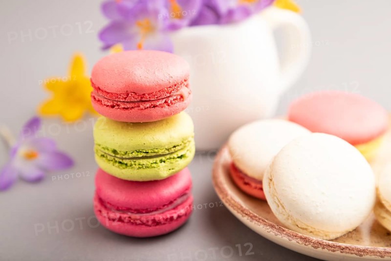 Multicolored macaroons with spring snowdrop crocus flowers on gray pastel background. side view, close up, still life, selective focus. Breakfast, morning, spring concept