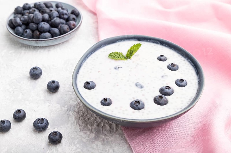 Yogurt with blueberry in ceramic bowl on gray concrete background and pink linen textile. Side view, close up