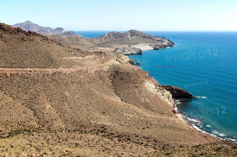 Coastal landscape Cabo de Gata natural park, looking east towards San Jose, Almeria, Spain, Europe