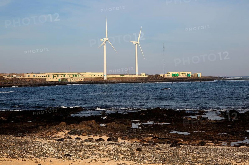 Wind turbines and desalination plant at Corralejo, Fuerteventura, Canary Islands, Spain, Europe