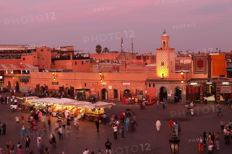 Restaurants in the evening on the Djemaa el Fna square in Marrakech, Morocco, Africa