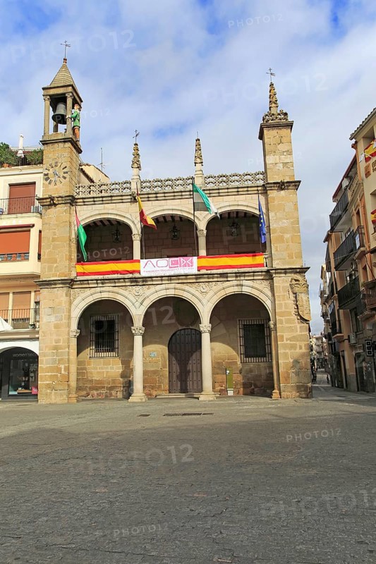 Ayuntamiento town hall Abuelo Mayorga figure, Plasencia, Caceres province, Extremadura, Spain, Europe