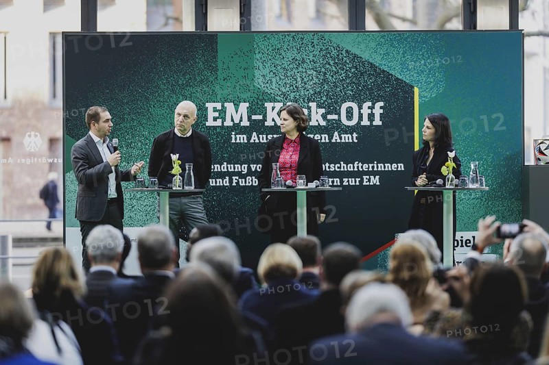 (L-R) Philipp Lahm, former professional footballer and European Championship ambassador, Bernd Neuendorf, President of the DFB, Juliane Seifert and Annalena Bärbock (Bündnis 90/Die Grünen), Federal Foreign Minister, photographed at the kick-off event for the European Football Championship in Berlin, 1 February 2024 / Photographed on behalf of the Federal Foreign Office