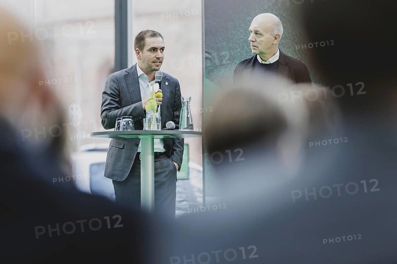 (L-R) Philipp Lahm, former professional footballer and European Championship ambassador, and Bernd Neuendorf, President of the DFB, photographed at the kick-off event for the European Football Championship in Berlin, 1 February 2024 / Photographed on behalf of the Federal Foreign Office