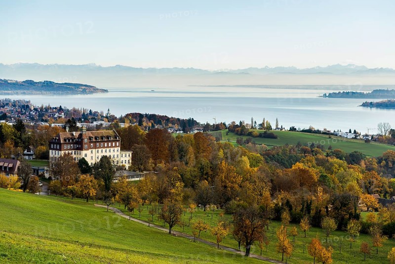 View over Lake Constance in autumn, Spetzgart Castle in front, Alpine chain behind, near Überlingen, Lake Constance district, Baden-Württemberg, Germany, Europe