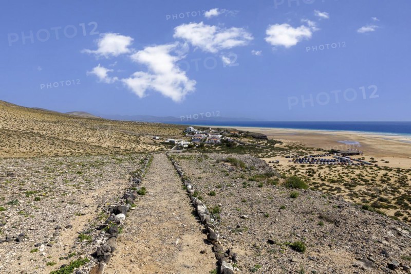 Hiking trail above Playa de Sotavento, behind the small settlement of Casas Risco del PasoJandia, Fuerteventura, Canary Islands, Spain, Europe
