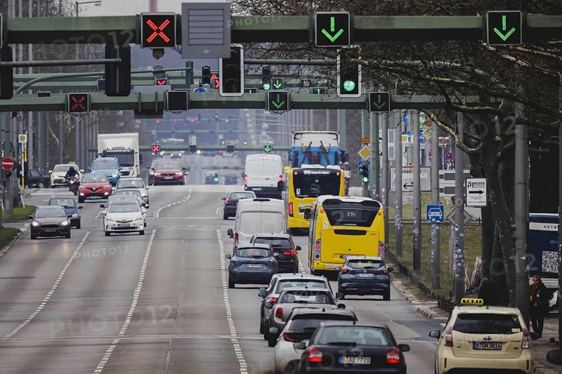 Two BVG buses travel along Heerstraße in Berlin, 27 February 2024. Berliner Verkehrsbetriebe (BVG) have announced strikes for Thursday and Friday