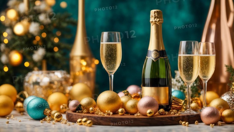 A table is covered with a variety of fruits, including oranges and lemons, and a bottle of champagne. The table is decorated with gold and red ornaments, creating a festive and celebratory atmosphere, AI generated