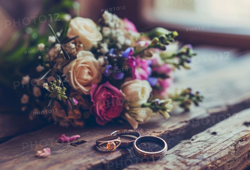 Diamond wedding rings jewelry and flowers bouquet for the wedding engagement and honeymoon, AI generated